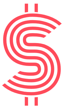 A stylized, pink dollar sign with a double vertical line and layered curves.